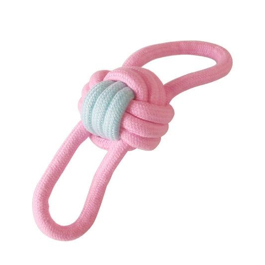 Cotton rope dog teeth cleaning toy with pink loop handle and light blue ball