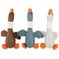 Set of three plush goose dog toys: brown, blue-gray, and white with orange beaks