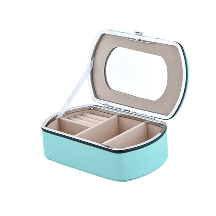 Teal travel jewelry storage box with lid mirror window and padded ring sections