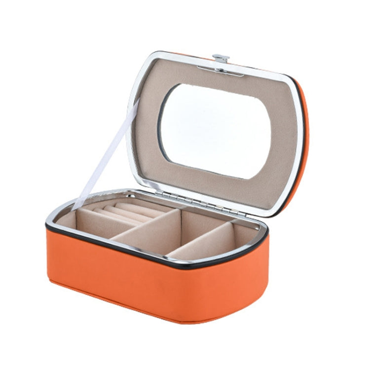 Orange travel jewelry storage box with mirror window lid and compartment trays