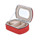 Red travel jewelry storage box with mirror window lid and divided compartments