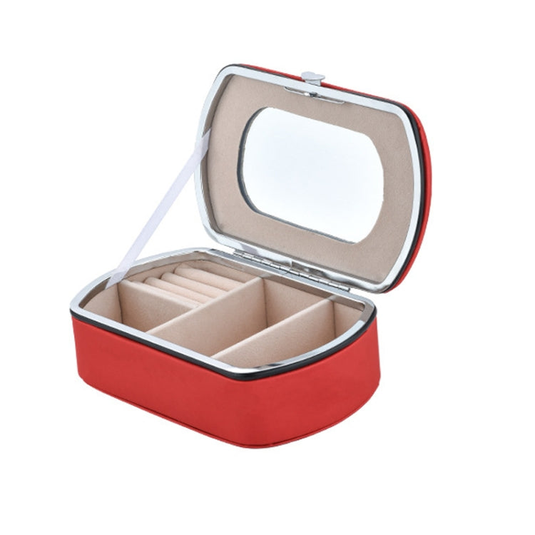 Red travel jewelry storage box with mirror window lid and divided compartments