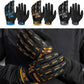 Assorted black long-finger riding gloves with blue, orange, and gray accent panels.