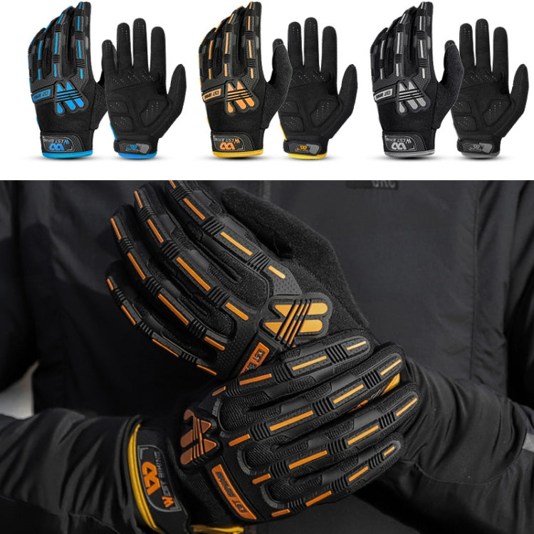 Assorted black long-finger riding gloves with blue, orange, and gray accent panels.