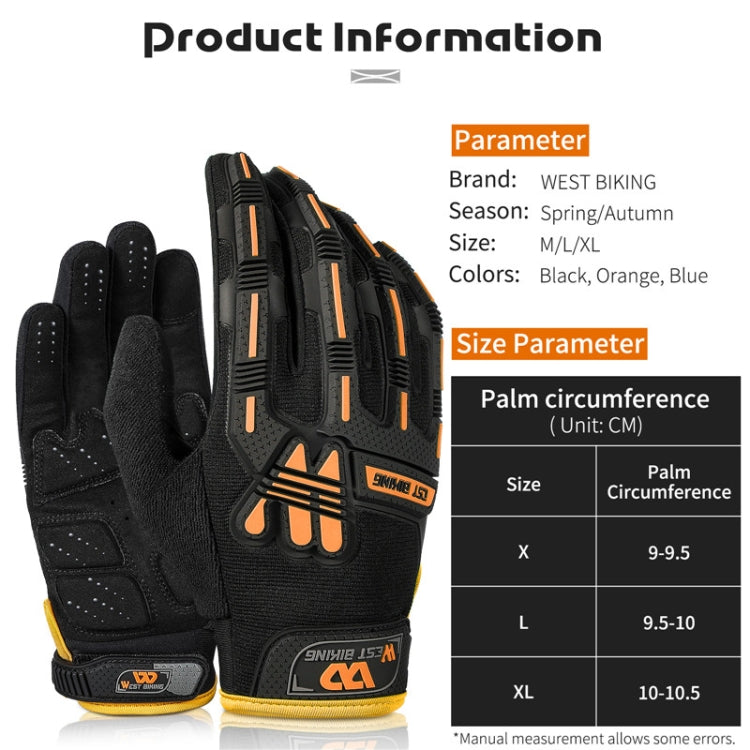 Orange-accent black long-finger riding glove showing palm padding and wrist strap.