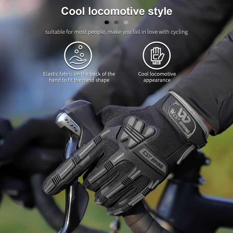 Gloved hand wearing black long-finger riding gloves with gray knuckle armor on handlebars.