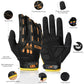 Black long-finger riding glove with orange accents and adjustable wrist buckle strap.