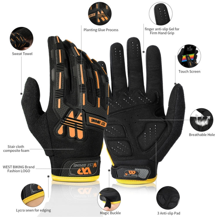 Black long-finger riding glove with orange accents and adjustable wrist buckle strap.
