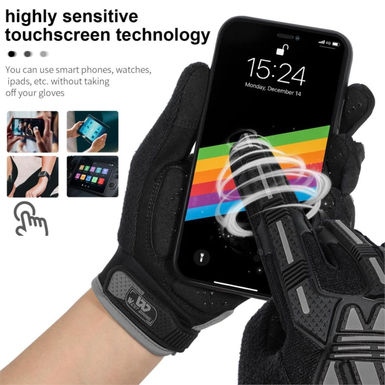 Black long-finger glove showing touch-screen control on smartphone; textured knuckle pads