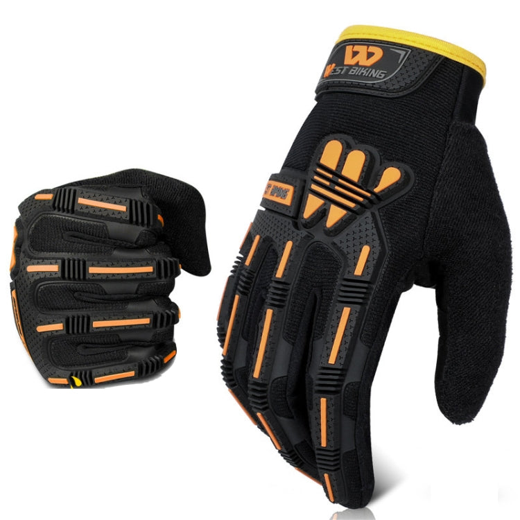 Black long-finger riding gloves with orange trim and thick molded knuckle guards.