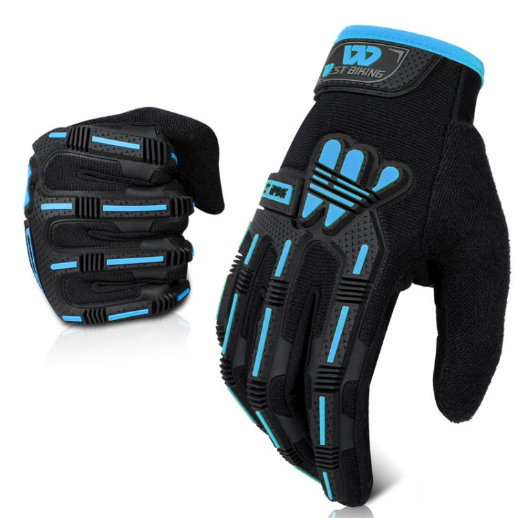 Black long-finger motorcycle gloves with blue trim and padded knuckle protection.
