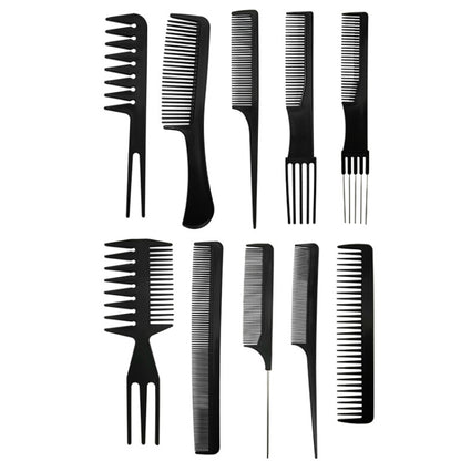 Set of 10 flat plastic hair combs, black and white, various tooth styles
