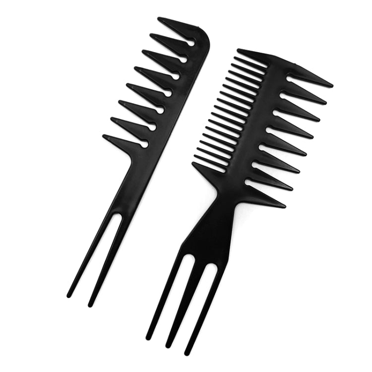 Two black plastic hair combs with wide teeth and fine-tooth sections