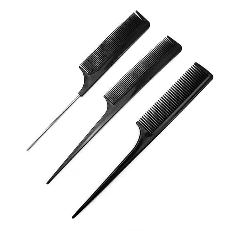 Three black plastic hair combs with long handles and different tooth widths