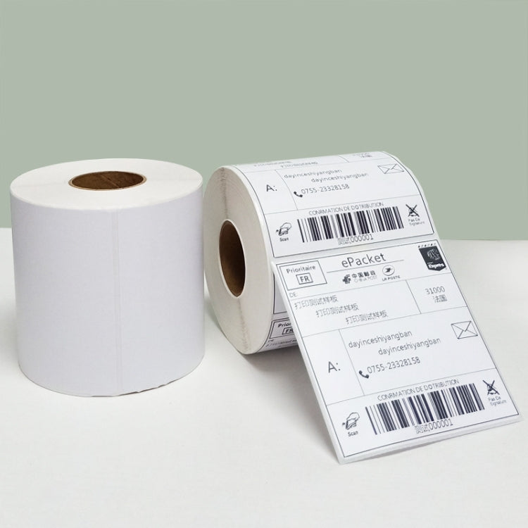 Two white label rolls with printed shipping labels, self-adhesive thermal paper