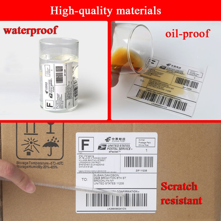 White thermal shipping label roll with small label sample and protective film