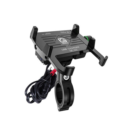Black motorcycle phone bracket with waterproof clamp and USB QC charging ports