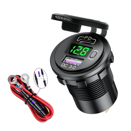 Car USB charger with voltage display and PD/QC3.0 port, green LED indicator, red power cord