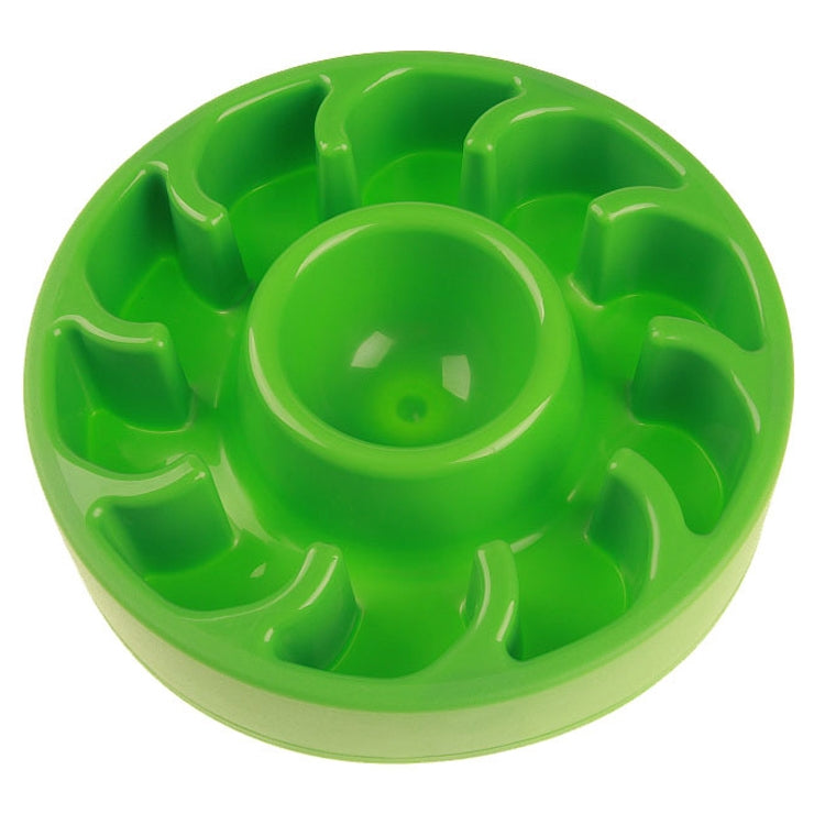 Green slow food pet bowl with raised ridges and a centered feeding cup