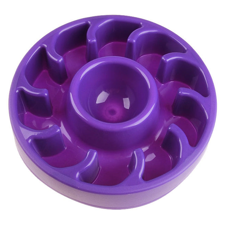 Purple slow food pet bowl with raised ridges and a centered feeding cup