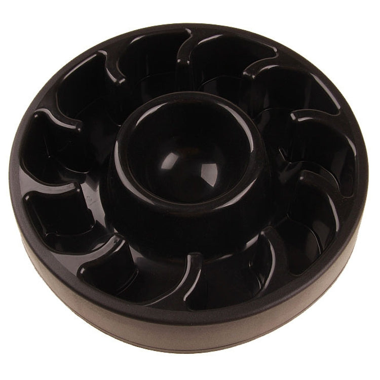 Black slow food pet bowl with raised ridges and a centered feeding cup