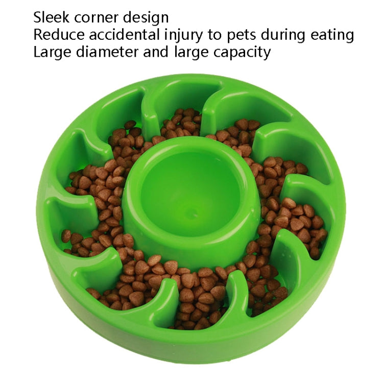 Green slow food pet bowl filled with kibble around a centered feeding cup