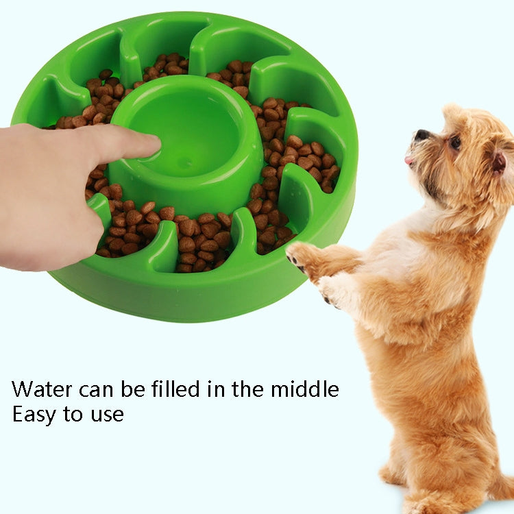 Green slow-feeder dog bowl with raised channels and center refill cup
