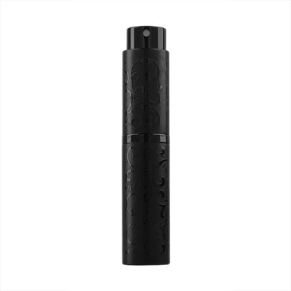 Black embossed metal perfume spray bottle with twist-top nozzle, 10ml.