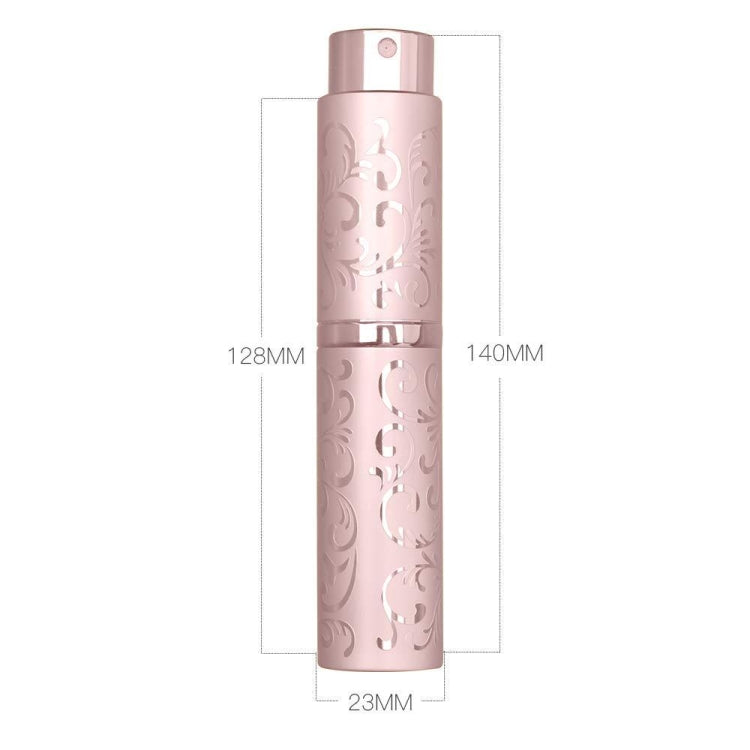 Embossed perfume spray bottle dimensions: 140mm tall, 128mm wide, 23mm base.