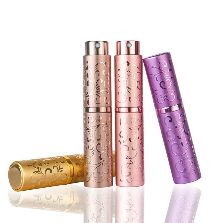 Embossed rotating metal perfume spray bottle, 10ml, gold, pink and purple cylinders
