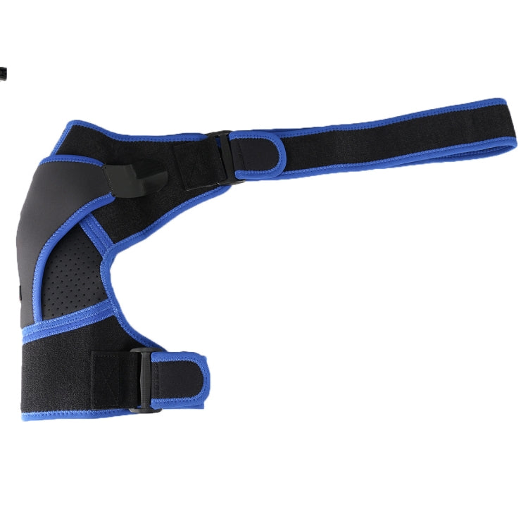 Black and blue shoulder brace with hook-and-loop straps and curved protective pad