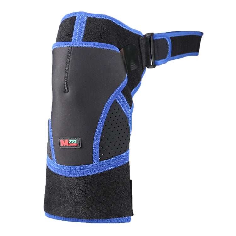 Black shoulder protector with blue trim, perforated padding panels, and adjustable band