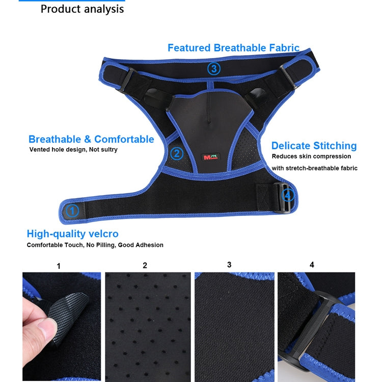 Black and blue shoulder brace with four straps shown for fit adjustment