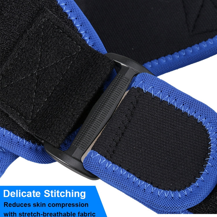 Detail view of black protective pad with blue stitching and hook-and-loop strap