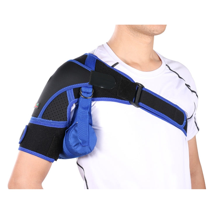 Airbag-style shoulder protector with black-and-blue straps and padded blue front panel
