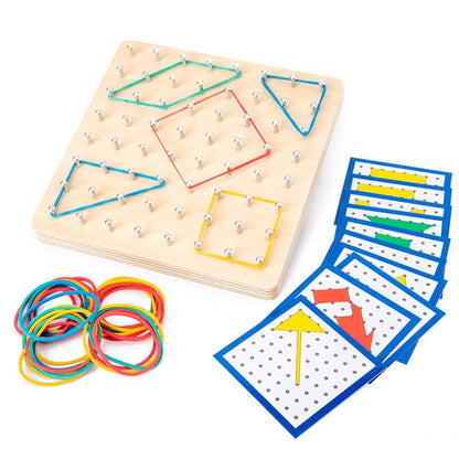 Wood peg puzzle board with colorful lacing strings and star/shape card set