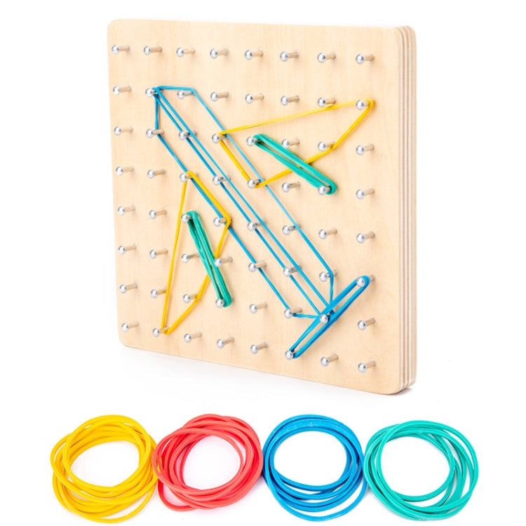 Wood peg puzzle board with colorful lacing pattern and 4 rainbow elastic cord coils