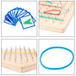 Blue-framed instruction cards for wood peg puzzle board with board corner detail
