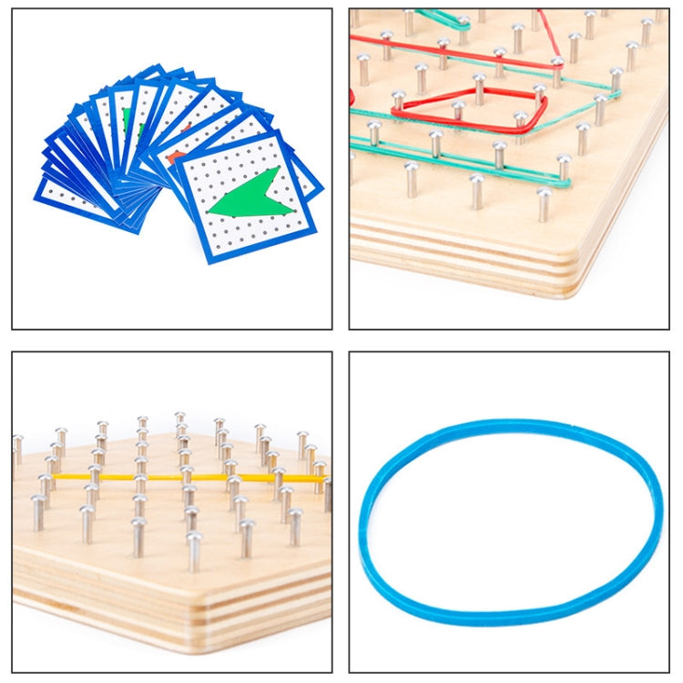 Blue-framed instruction cards for wood peg puzzle board with board corner detail