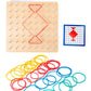 Wood peg puzzle board with red string diamond, small shape card, and colored cord loops