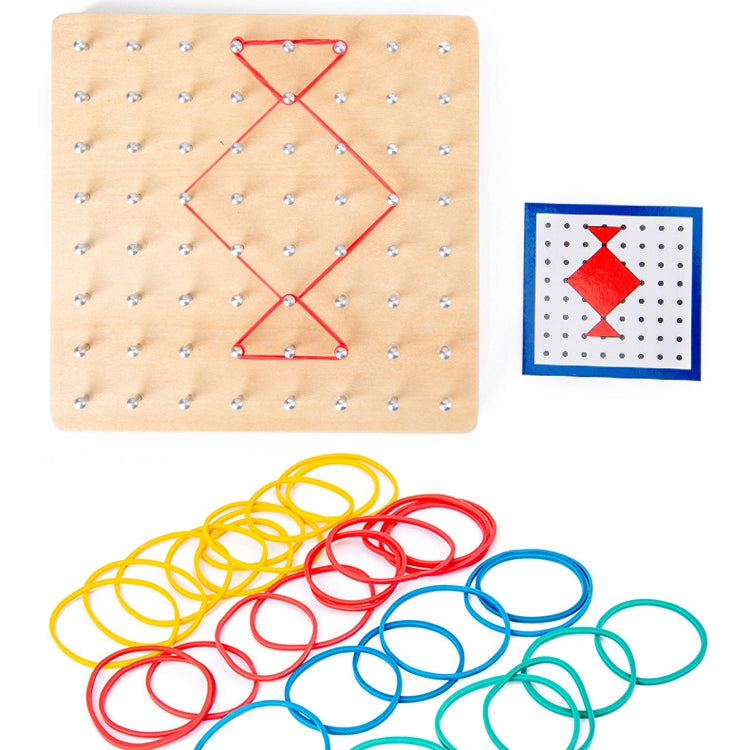 Wood peg puzzle board with red string diamond, small shape card, and colored cord loops