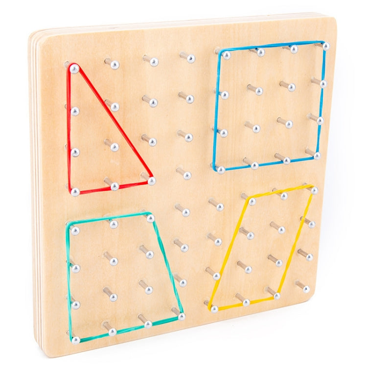 Wood peg puzzle board with multiple colorful lacing shapes and silver metal pegs