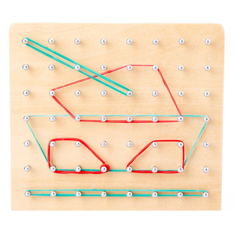Wood peg puzzle board with colorful string shapes and metal pegs