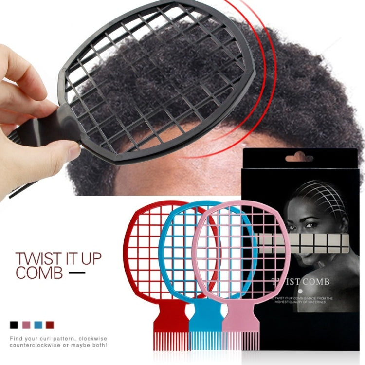 Colorful round-grid hair twist combs with fine teeth, shown in red, blue, pink and black