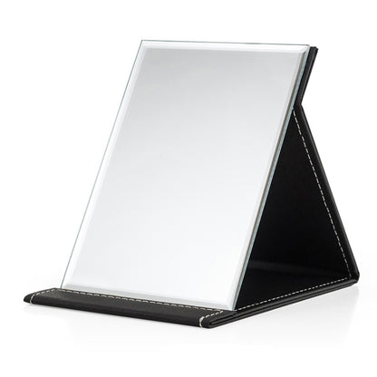 Folding desktop makeup mirror with white glass and black PU leather base stand