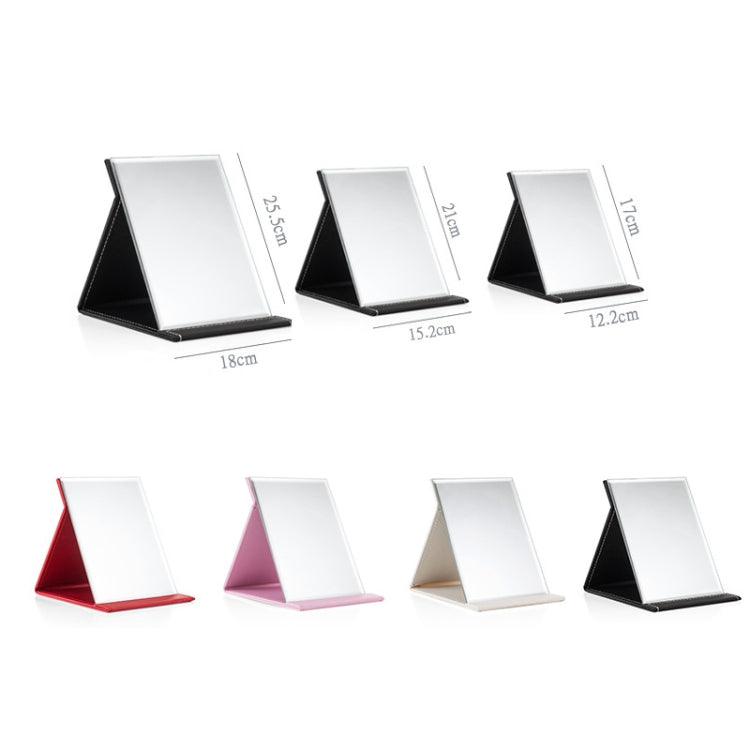 Folding desktop makeup mirror sizes shown with white glass and colored bases
