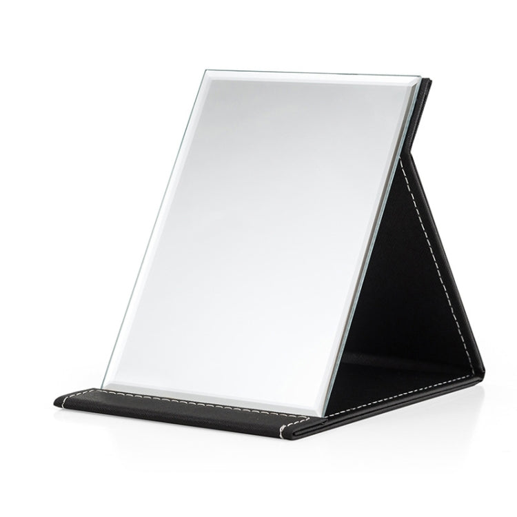 Folding desktop makeup mirror with white glass and black PU leather folding stand