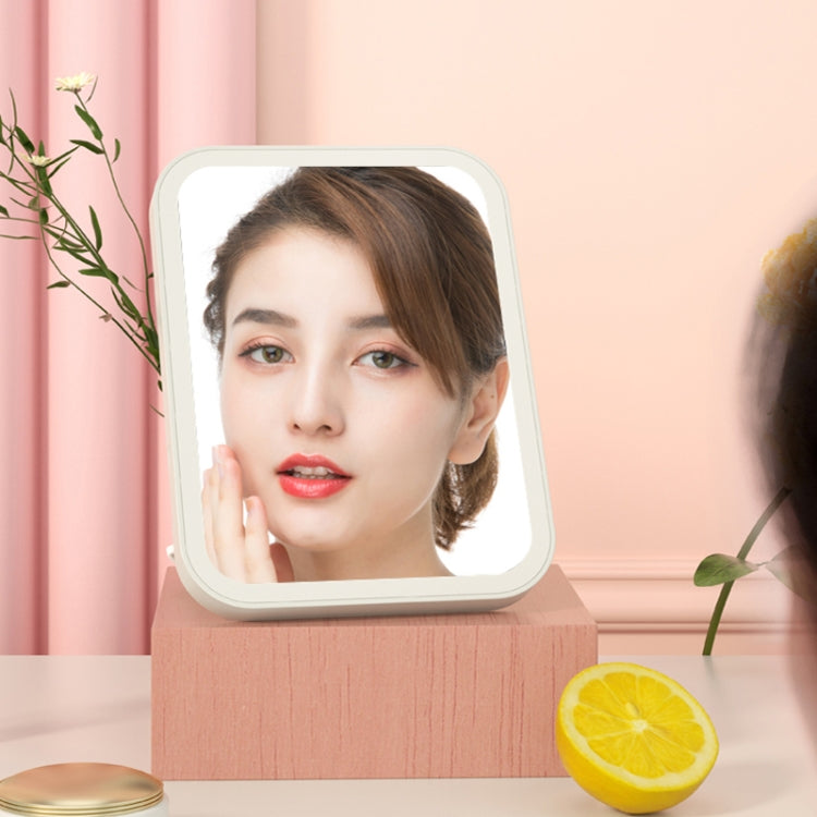 LED makeup mirror with illuminated white border, square tabletop design