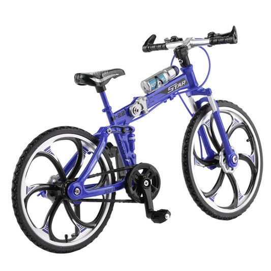 Blue mini alloy bicycle toy model with black wheels and front suspension fork.
