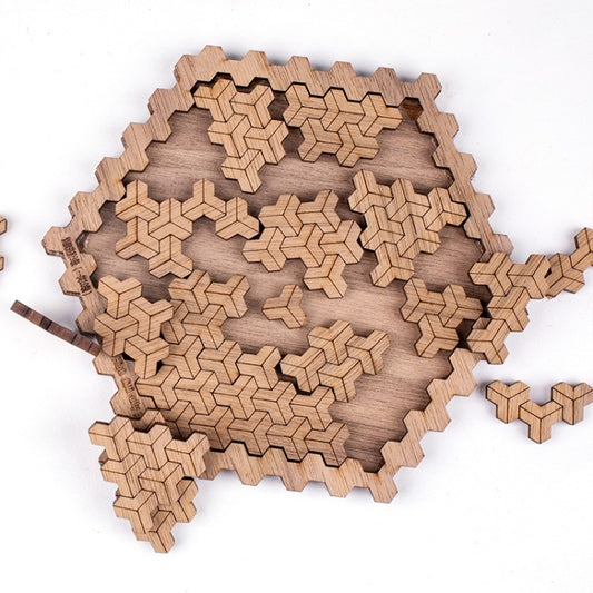 Wooden jigsaw puzzle board with interlocking pieces, irregular hexagon shape in dark khaki wood